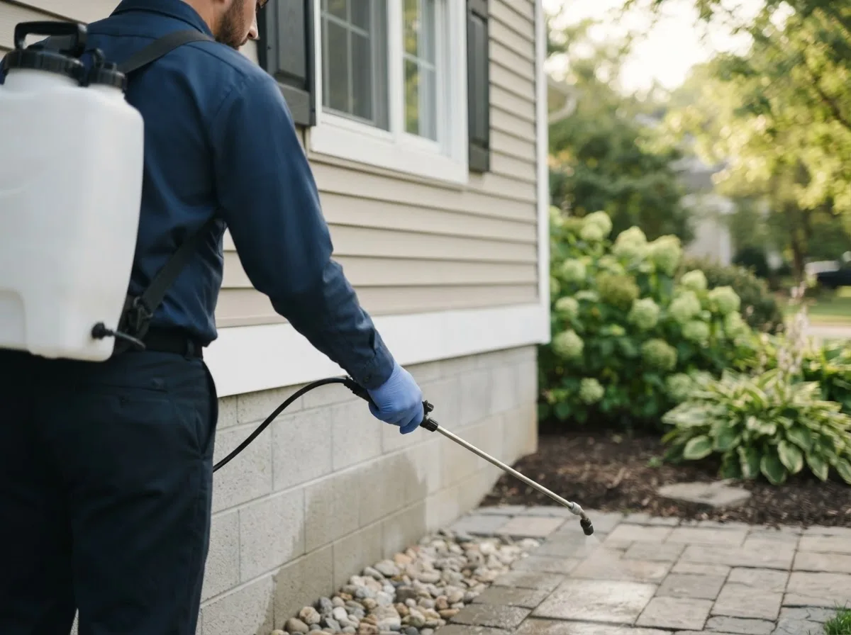 Pest control technician inspecting a home in Leesburg, OH